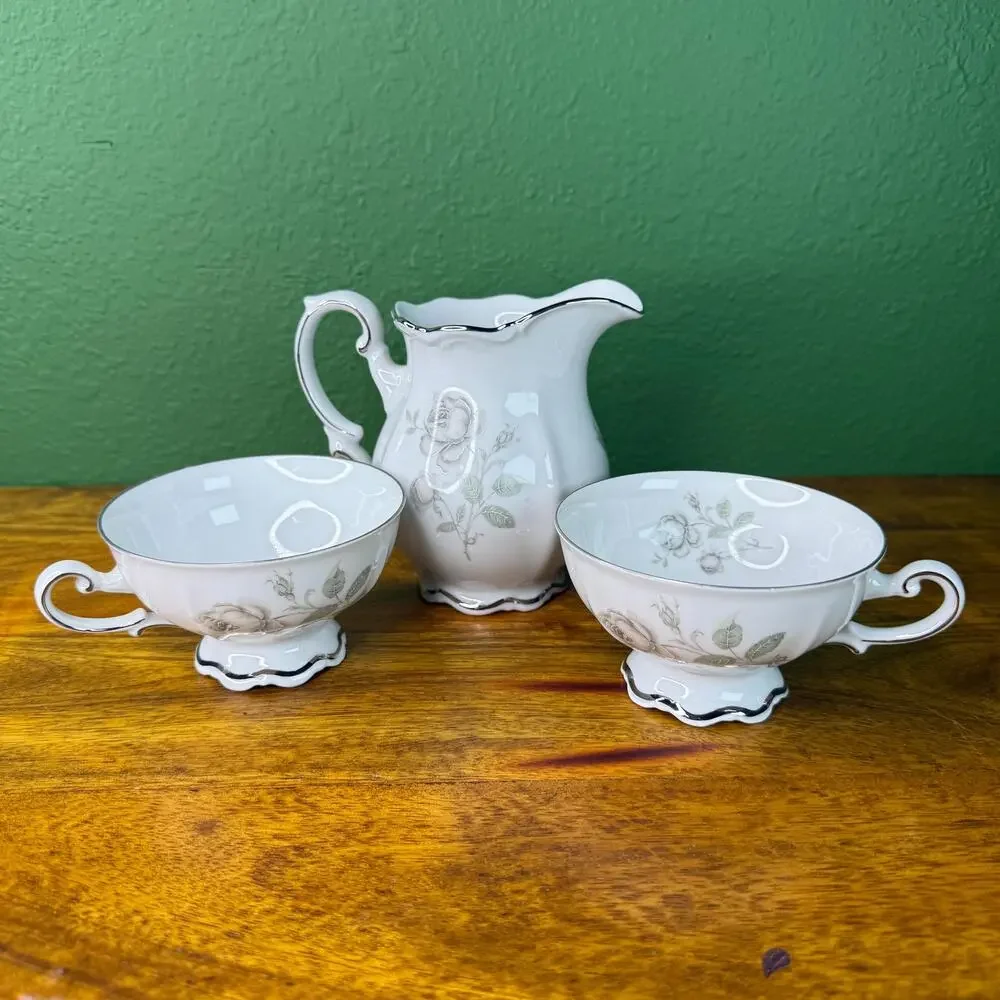 Vintage Mitterteich Mystic Rose Porcelain Tea Cup Set with Creamer